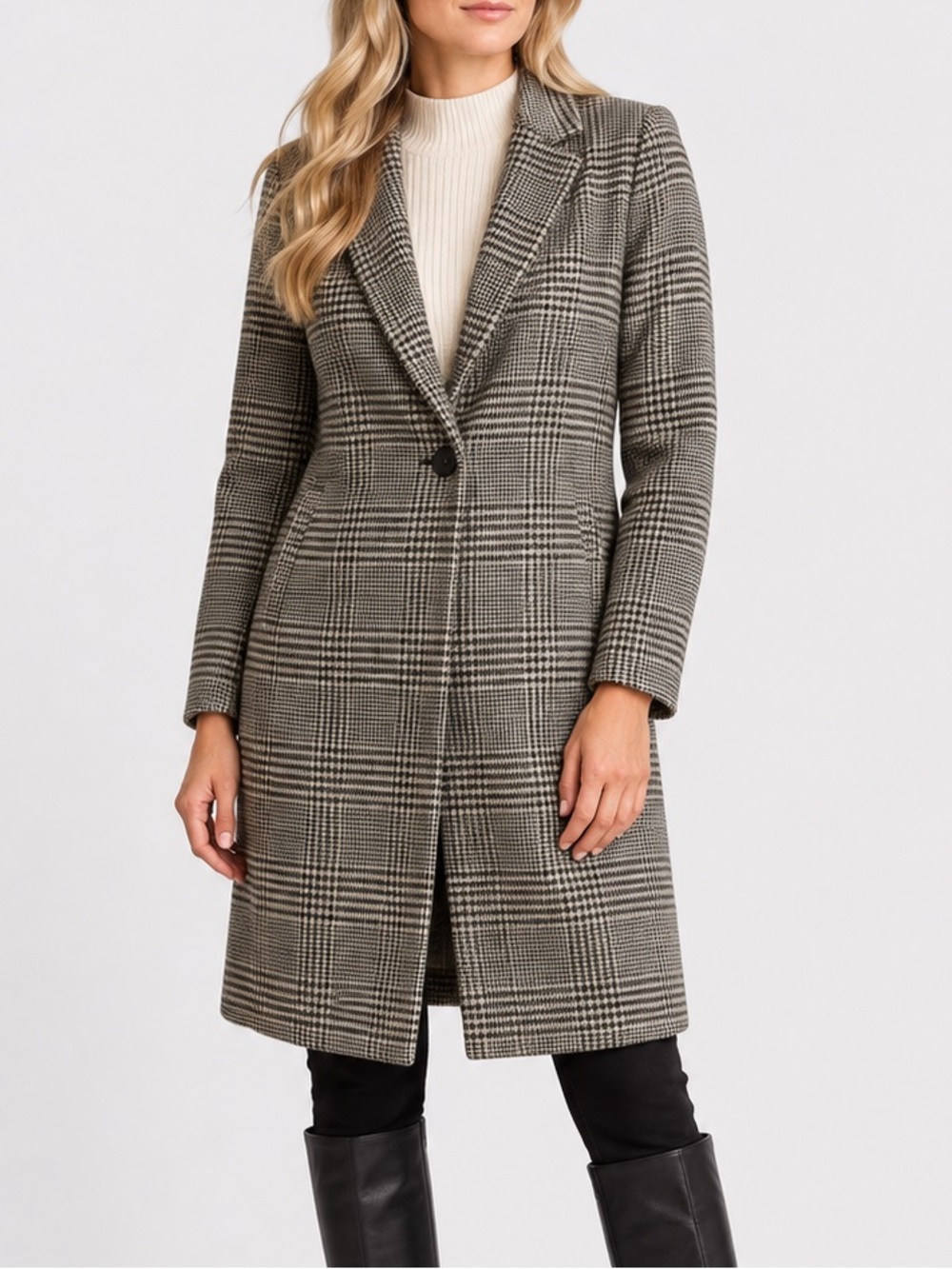 Zara Woman Wool Blend Glen Plaid Tailored One-Button Coat XS